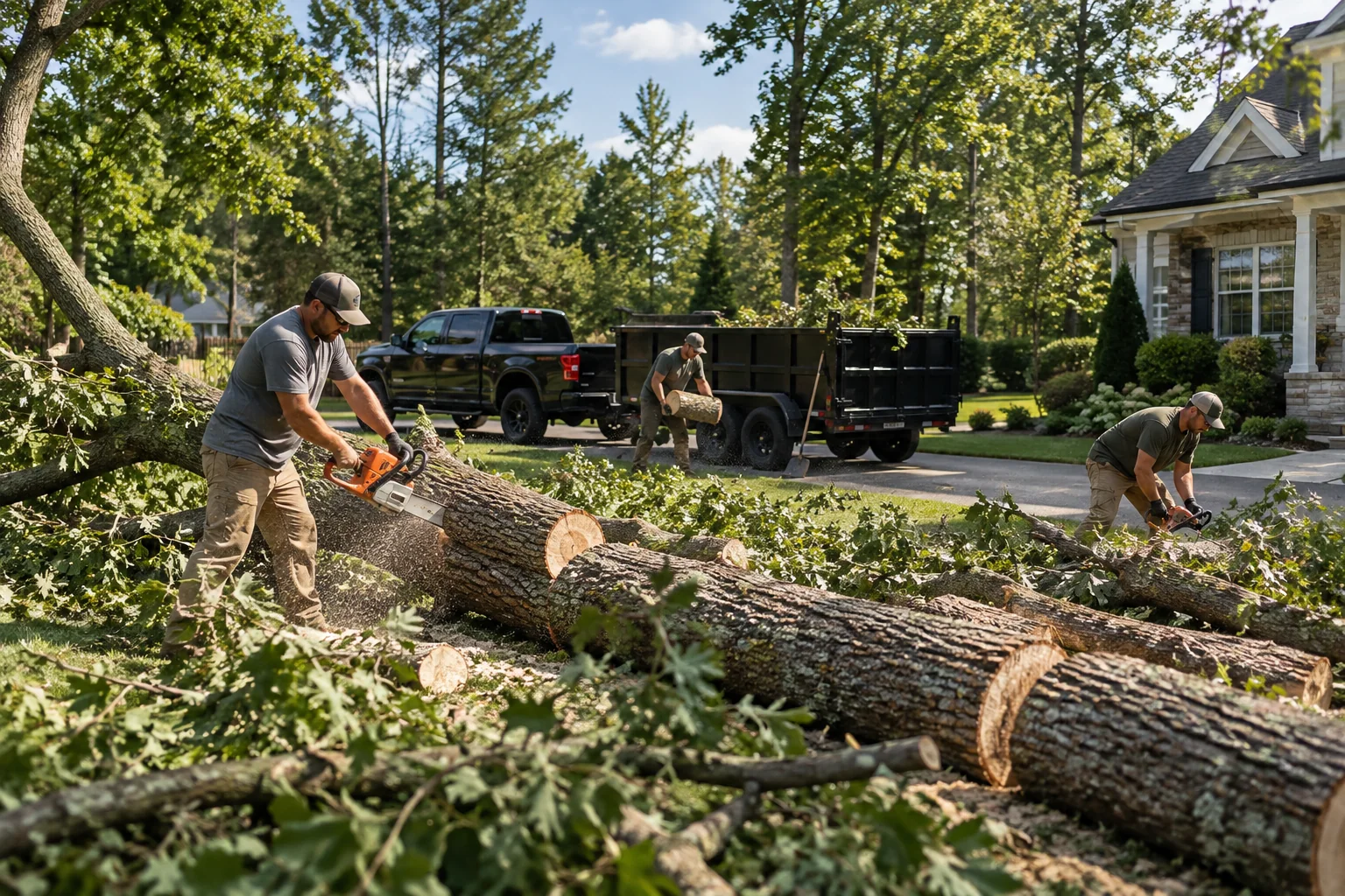 Storm-damaged tree cleanup at a residential property